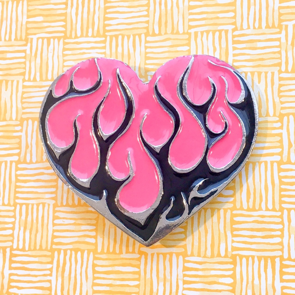 Pink Heart Black Flames Belt Buckle